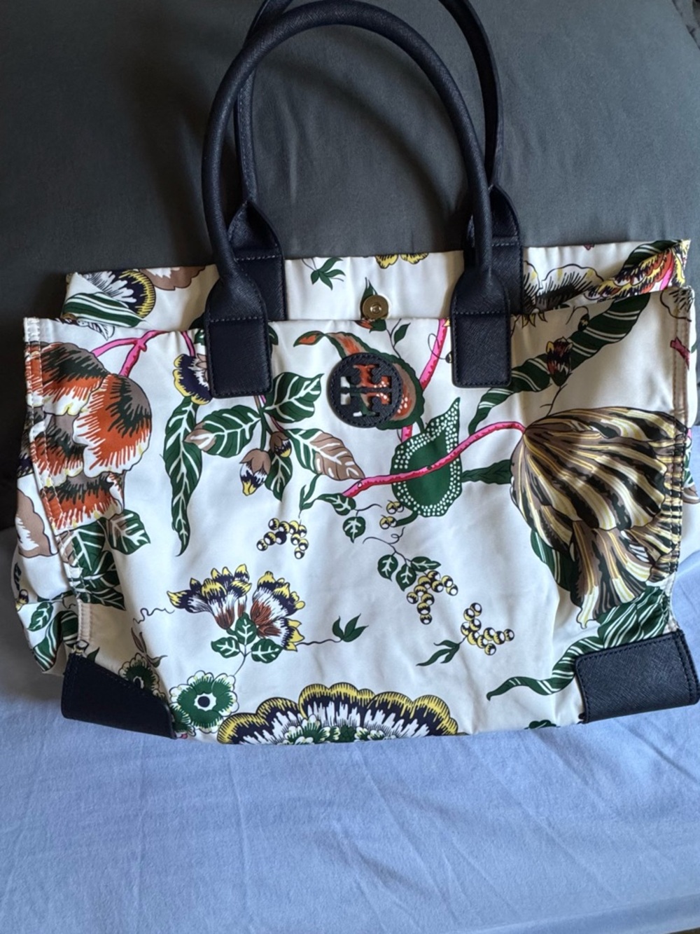 Tory Burch Floral Canvas Tote with Black Trim